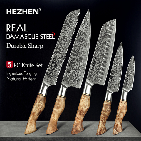 HEZHEN 5PC Knife Set Damascus Steel Chef Bread Utility Santoku Paring Cake Cook Knife For Meat Professional Kitchen Knife Set ► Photo 1/6