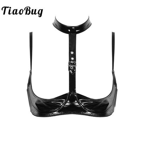 TiaoBug Hot Sexy Women Wet Look Patent Leather Lingerie Halter Adjustable Spaghetti Straps Open Half Cups Wire-free Erotic Bra ► Photo 1/6