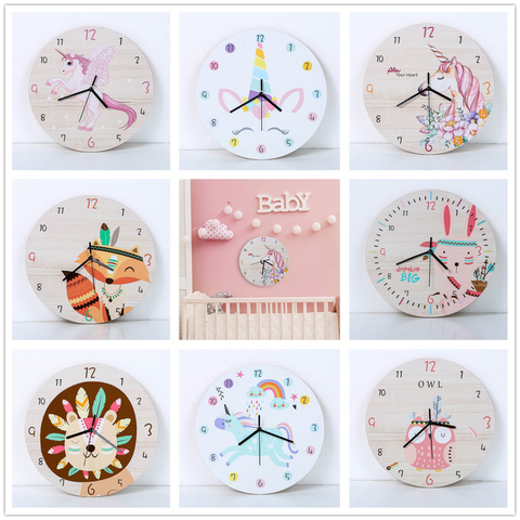 Cartoon Circular Unicorn Wall Clock Kids Wooden Silent Reloj de Pared for Baby Rooms Horloge Home Decor Living Room Decoration ► Photo 1/6