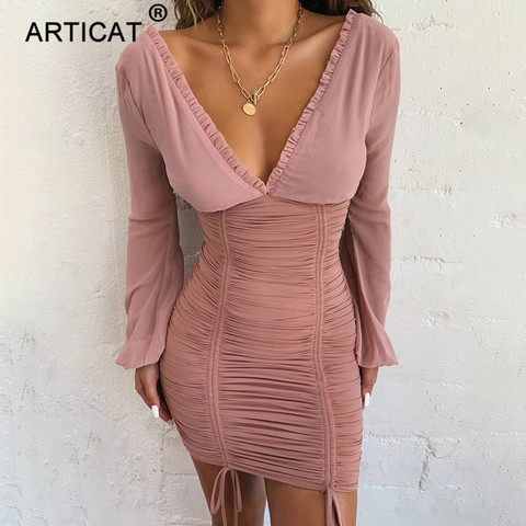 Articat Chiffon Summer Autumn Dress Women 2022 Sexy Long Sleeve Slim Elastic Bodycon Bandage Dress Short Pleated Party Dresses ► Photo 1/6