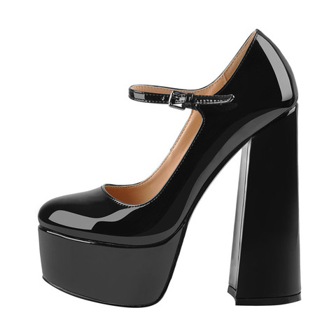 Richealnana Womens Platform Mary-Jane Round Toe Chunky High Pumps Heels Ankle Strap Dress Hoof Heels Black Shoes Big Size shoes ► Photo 1/6