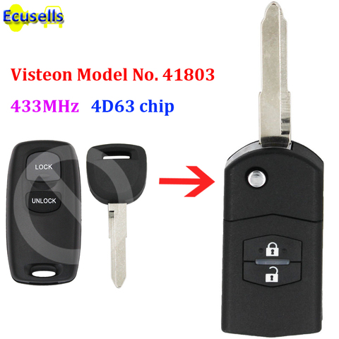 Upgraded Flip Remote Car Key Fob 2 Button 433MHz 4D63 chip for Mazda 2 3 6 2002-2005 Visteon Model No. 41803 with uncut key ► Photo 1/4