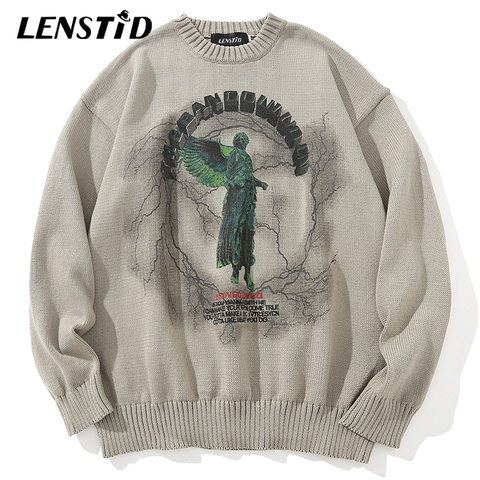 LENSTID Men Hip Hop Knitted Jumper Sweaters Angel Lightning Printed Streetwear Harajuku Autumn Oversize Hipster Casual Pullovers ► Photo 1/6