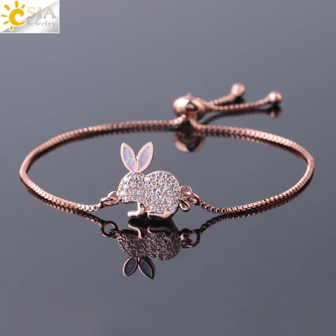 CSJA Lovely Rabbit Charm Bracelet Fire Opal Zircon Thin Link Rose Gold Color Wrist Chain for Women Girl Luxury Chic Jewelry G074 ► Photo 1/6