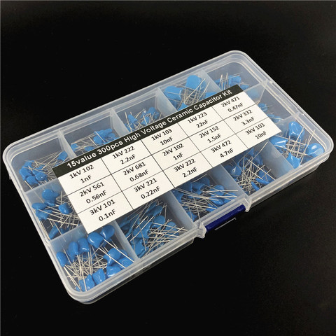 15values 300pcs 1KV/2KV/3KV (0.1nF to 22nF) High Voltage Ceramic Disc Capacitor assorted kit with storage box ► Photo 1/4