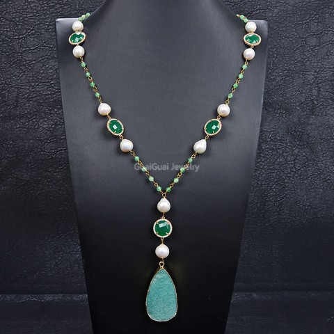 GG Jewelry 31'' Pink Keshi Pearl Green Jade Green Crystal Necklace Natural Amazonite Pendant ► Photo 1/3