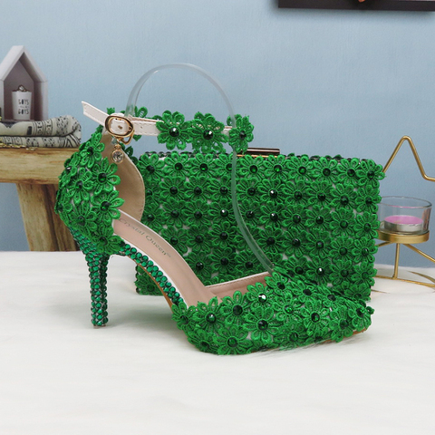 Green Lace Flower Wedding Shoe And Bag Set Pearl Heels Pointed Toe Ankle Strap Ladies Party shoe with matching bag Lace-up ► Photo 1/6