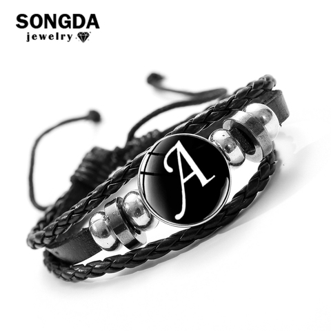 SONGDA 26 Letter A-Z Glass Snap Metal Bead Bracelet ID Name Friendship Black Braided Leather Bracelet Men Women Kids Family Gift ► Photo 1/6