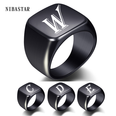 Personalised Initial Men Ring Engrave White A to Z Alphabet Stainless Steel Signet Blank Plain Ring Band Black Tone U.S.Size ► Photo 1/6