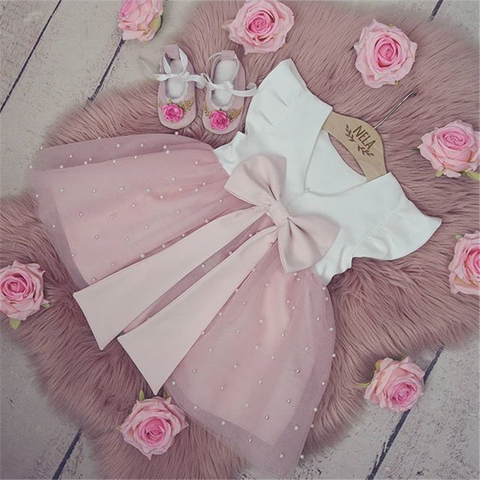 0-5Y Summer Princess Infant Baby Girls Dress Ruffles Sleeve Solid Pearl Lace Patchwork Back Bowknot Tutu Dress ► Photo 1/6