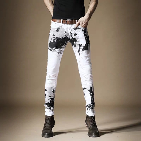 Free Shipping New simple men's casual trousers male White jeans street inkjet printed contrast color tie-dye Chinese style pants ► Photo 1/5