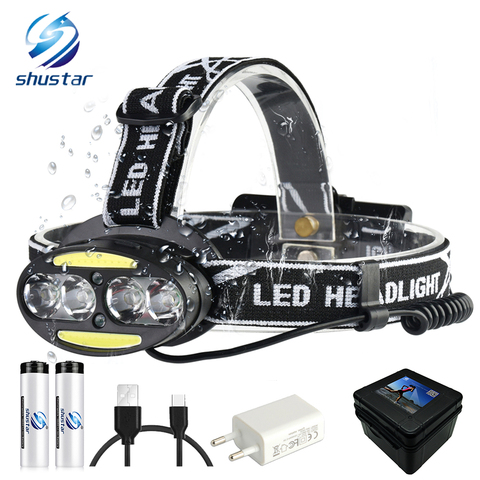 Super bright LED headlamp 4 x T6 + 2 x COB + 2 x Red LED waterproof led headlight 7 lighting modes with batteries charger ► Photo 1/6