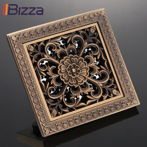 Shower Square Bath Drain Strainer Hair Filter Antique Brass Art Carved Design Cover Bathroom Waste Grate Floor Drains 12*12cm ► Photo 1/6