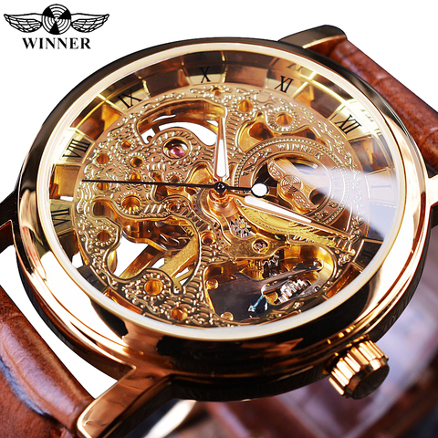 Winner Transparent Golden Case Luxury Casual Design Brown Leather Strap Mens Watches Top Brand Luxury Mechanical Skeleton Watch ► Photo 1/6