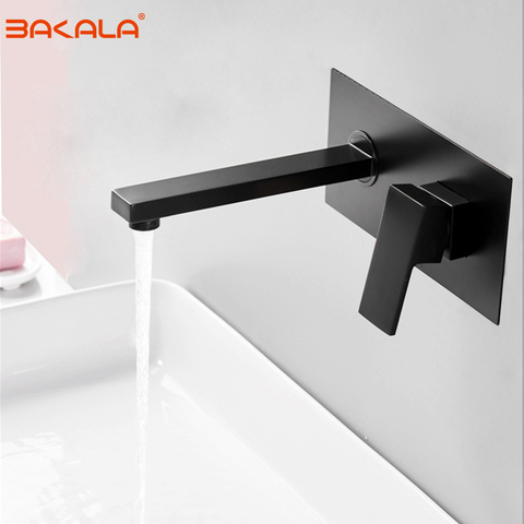 BAKALA Luxury Matte Black Bathroom Faucet Basin Sink Tap Wall Mounted Square Brass Mixer Tap LT-320BR ► Photo 1/6