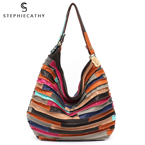 SC Vintage Real Sheep Leather Stripe Hobo Bags for Women Large Genuine Lamp Leather Skin Patchwork Shoulder Tote Crossbody Bag ► Photo 1/6