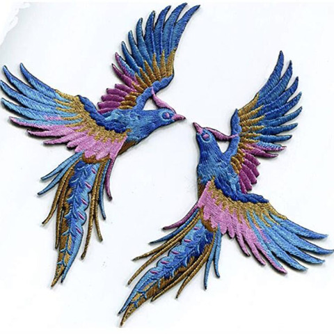 Phenix Birds Azure Blue Pink Gold Embroidered Appliques Iron-On Patches Pair ► Photo 1/2