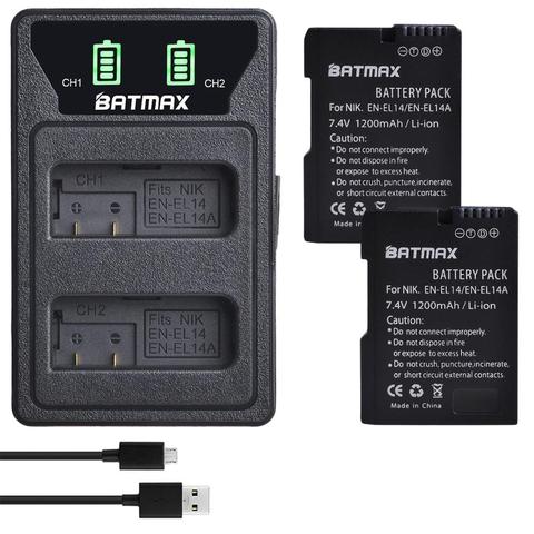 Batmax EN-EL14 EN-EL14A EL14 Battery+New LED USB Dual Charger withType C Port for Nikon D5200 D3100 D3200 D5100 P7000 P7100 ► Photo 1/6