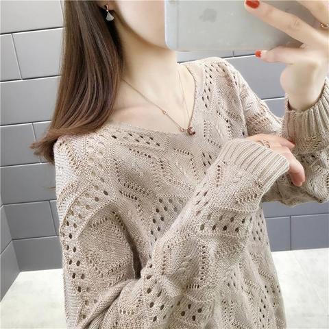 Ladies Solid Color Hollow Bat Sleeve Sweater Ladies V-neck Long Sleeve Fashion Harajuku Top Loose Top Crops Winter Warm Clothing ► Photo 1/6