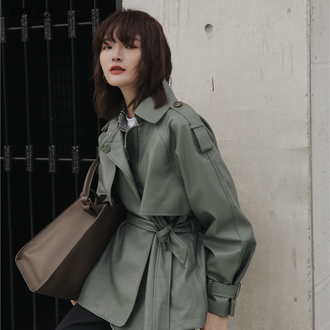 FTLZZ Spring Autumn 2022 Women New Casual Lapel Pu Jacket Coat Simplicity Loose Leather Jacket with Belt Office Lady ► Photo 1/6