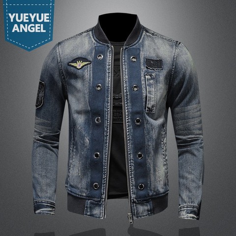 Men Vintage Stand Collar Pilot Coat Denim Bomber Jacket Plus Size 5XL Slim Fit Zipper Jean Outerwear Fashion Mens Biker Jackets ► Photo 1/6