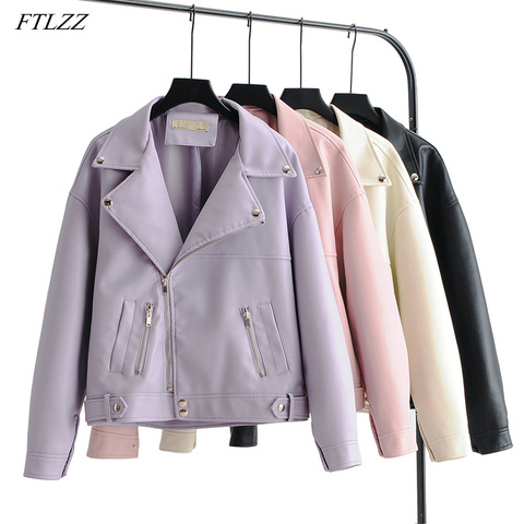 FTLZZ New Autumn Women Faux Leather Jacket Casual BF Loose Soft Pu Motorcycle Punk Leather Coat Female Zipper Rivet Outerwear ► Photo 1/6