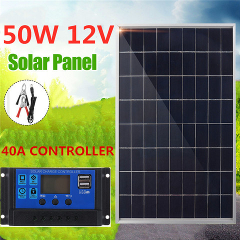 Solar Panel 50W USB 12V Monocrystalline Cell +40A Solar Charger Controller For Battery Cell Phone Charger with Battery Clip ► Photo 1/6