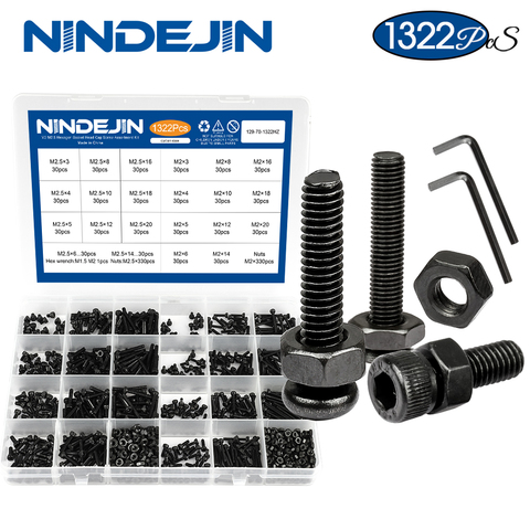 NINDEJIN 1322pcs/set hex hexagon socket head cap screw nut kit carbon steel m2 m2.5 small round flat head screw set bolt and nut ► Photo 1/6