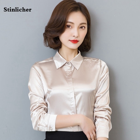 Stinlicher Satin Silk Shirt Women spring Autumn Long Sleeve Elegant Work Wear Tops Korean Fashion White Blue Black Blouse Shirt ► Photo 1/6