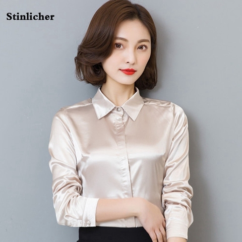 Spring Turn-Down Collar Women Tops Shirt, White Loose Satin Solid Blouse,  Lady Casual Button Silk Shirt at  Women's Clothing store