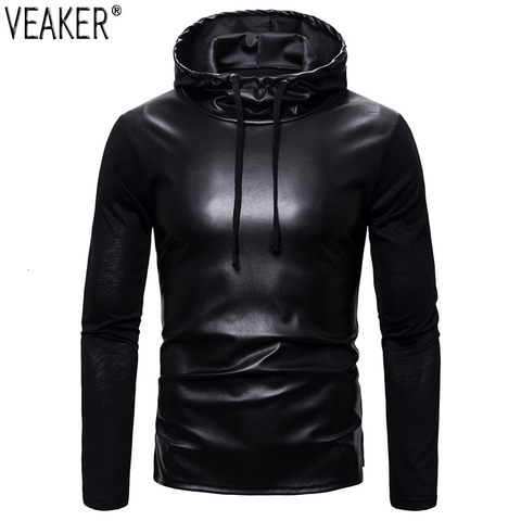 2022 New Men's PU Hoodies Sweatshirts Male Slim Fit Faux Leather Hoodies Coat Black Tops Hooded Pullovers S-2XL ► Photo 1/6