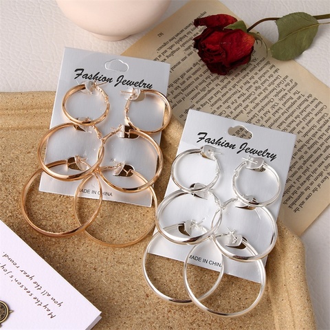 3 Pairs/Set Women Vintage Wide Statement Hoop Earring Punk Style Sexy Nightclub Big Circle Hoop Earring Set Wholesale ► Photo 1/6