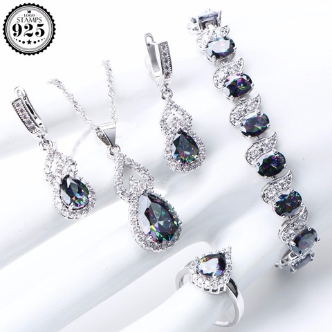Natural Rainbow Jewelry Sets 925 Sterling Silver Stones Wedding Earrings For Women Stones Bracelet Necklace Rings Set Gifts Box ► Photo 1/6