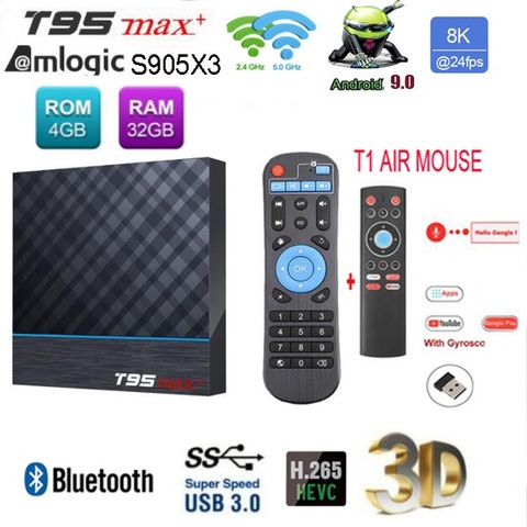 T95 MAX Plus Android BOX 9.0 Amlogic S905X3 2g 16g 2.4g WIFI USB 3.0 HDR 3D 8K TV Set Top Box ► Photo 1/5