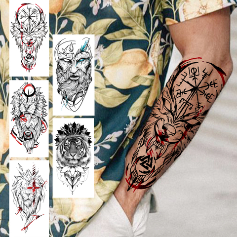 Compass Wolf Temporary Tattoos For Men Women Adult Fake Lion Tattoo Sticker Tiger Black Tribal Body Art Drawings Tatoos Arm ► Photo 1/6