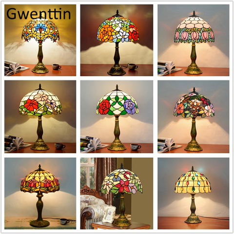 Vintage Tiffany Table Lamps Mediterranean Baroque Stained Glass Led Stand Desk Light Fixtures Bedroom Bedside Lamp Home Decor ► Photo 1/6