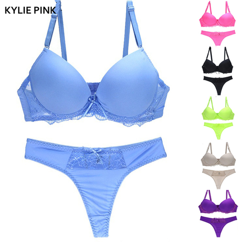 Women Sexy Bra and Underwear Set Lingerie Lace Panty Bra Sets Girls Push Up Bras Candy Colors Seamless Bra Thong Suit Intimate ► Photo 1/6