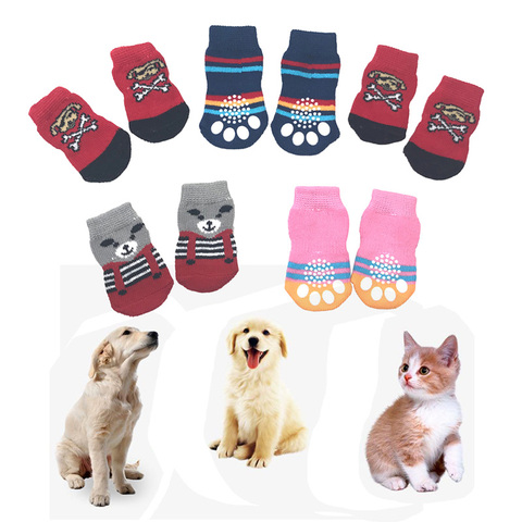4pcs/Set Knitted Pet Socks Small Dogs Cats Shoes For Autumn Winter Indoor Anti-Slip Dog Socks Booties Paw Protector Random Color ► Photo 1/6