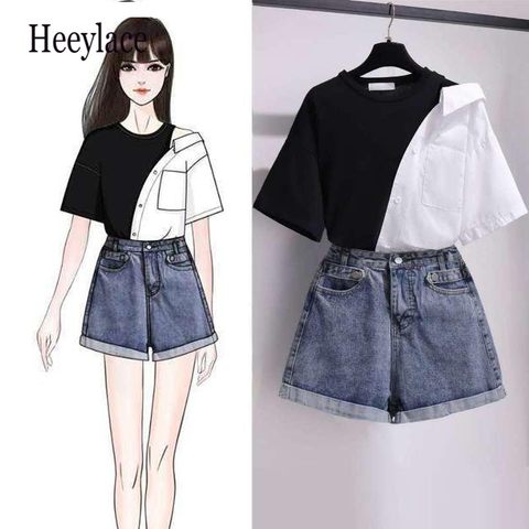 korean 2 Piece Set Women Tops And Shorts Set Off-shoulder Blouse Summer 2 Piece Outfits Korean Style Clothes Cute Girl Suit 2PCS ► Photo 1/6