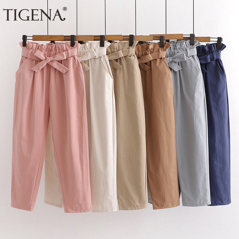TIGENA Cute Bow Belt Pants For Women 2022 Summer Ankle Length High Waist Trousers Women Korean Pink Yellow Harem Pants Female ► Photo 1/6