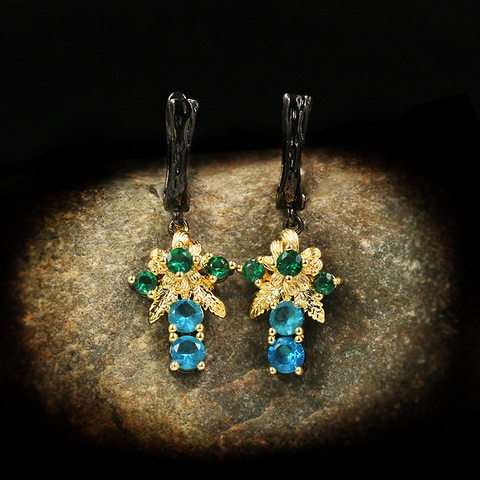 Bohemian Style Blue Rectangular Zircon Drop Earrings Golden Flower Zircon Earrings Luxury 925 Silver Ladies Jewelry ► Photo 1/5