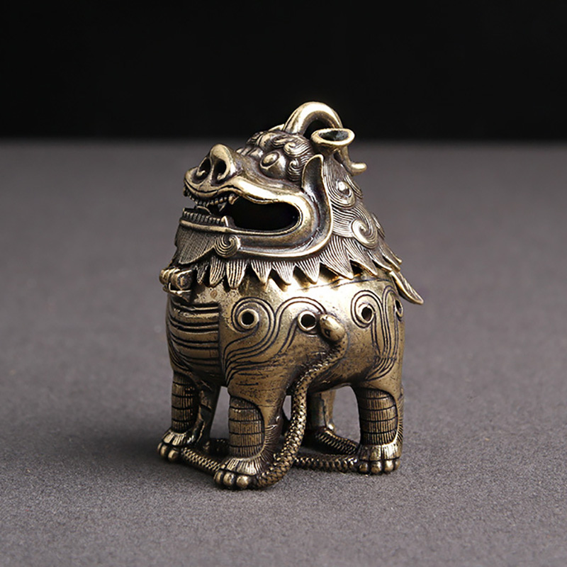 Mini Copper Craft Lion Small Fengshui Statue Vintage Home&Office Ornament Decor