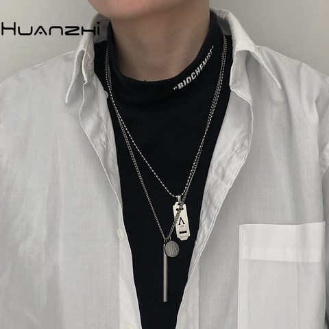 HUANZHI 2022 New Minimalist Punk Titanium Steel Hip Hop Letter Rectangle Round Pendant Metal Necklace for Women Men Couple ► Photo 1/6