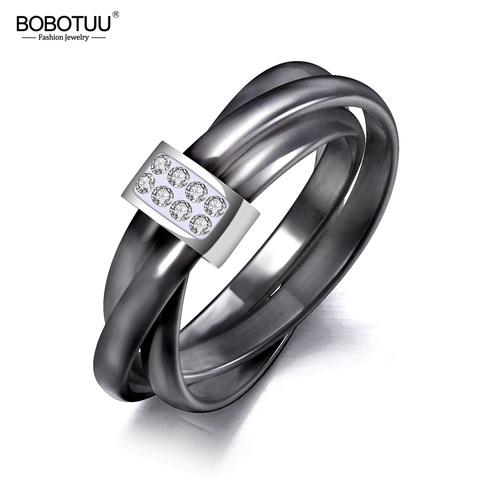 BOBOTUU Exclusive 3 Layers Black/White Ceramic Crystal Wedding Rings Jewelry Rose Gold Stainless Steel Rhinestone Ring BR19066 ► Photo 1/6