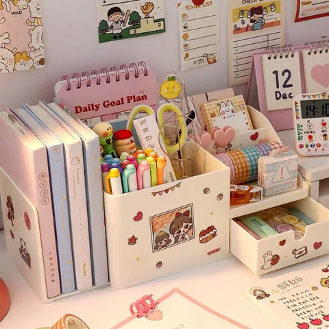 MINKYS Kawaii ABS 2 in 1 Multifunctional Desktop Organizer Pen Holder Books Stand Holder Bookends Free Sticker School Stationery ► Photo 1/6