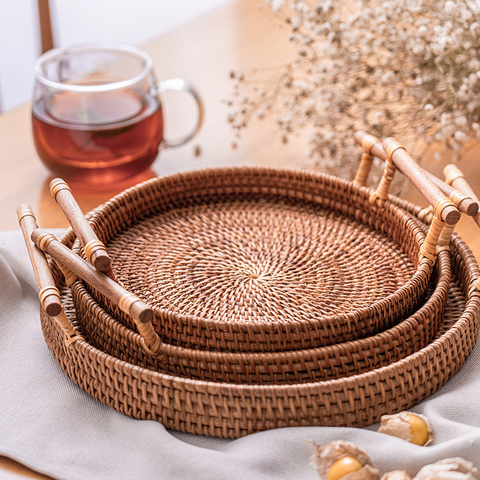 Handwoven Rattan Storage Tray With Wooden Handle Round Wicker Basket Bread Food Plate Fruit Cake Platter Dinner Serving Tray ► Photo 1/6