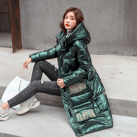 Printing Winter X-long Jacket For Women Hooded Shiny Female Cold Coat Plus Size Hooded Stand Collar With Zipper Women's Parkas ► Photo 1/6