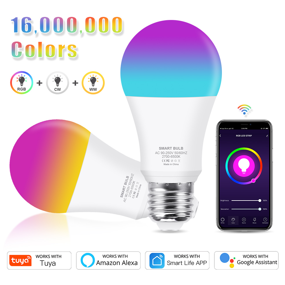 E27 WiFi LED Smart Light Bulb CW 2700K-6500K Dimmable Lamp For Alexa Google Home 