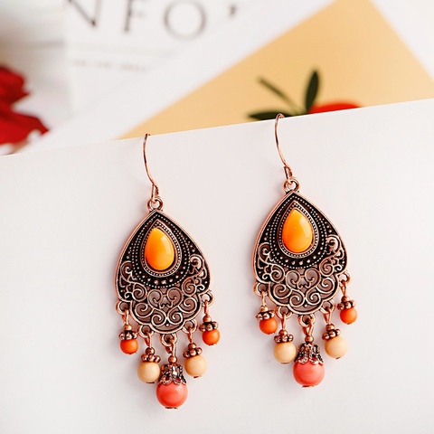 Bohemian Orange Beaded Tassel Drop Earrings Ethnic Carved Alloy For Women Vintage Stone Boho Ladies Earrings ► Photo 1/6