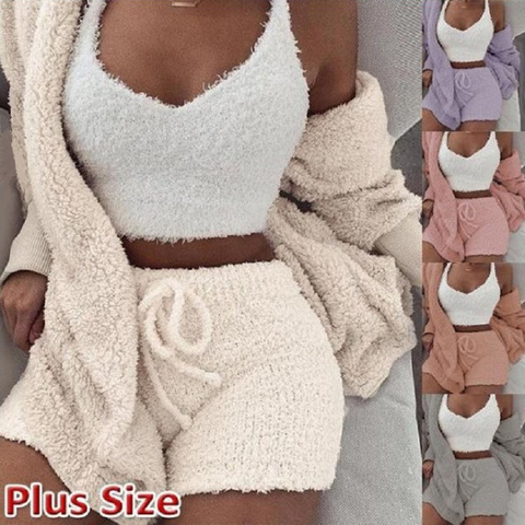 Women Coral Velvet Pajamas Set Spring Autumn Winter Pajamas 3 Three Piece Set Sleepwear Tops Shorts Coat Suit Size S-3XL ► Photo 1/6